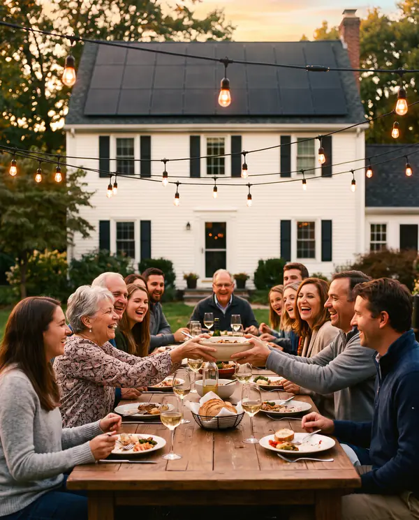 Multigenerational family laughing over dinner at a long backyard table under string lights at dusk, in front of their white Connecticut colonial home with rooftop solar panels