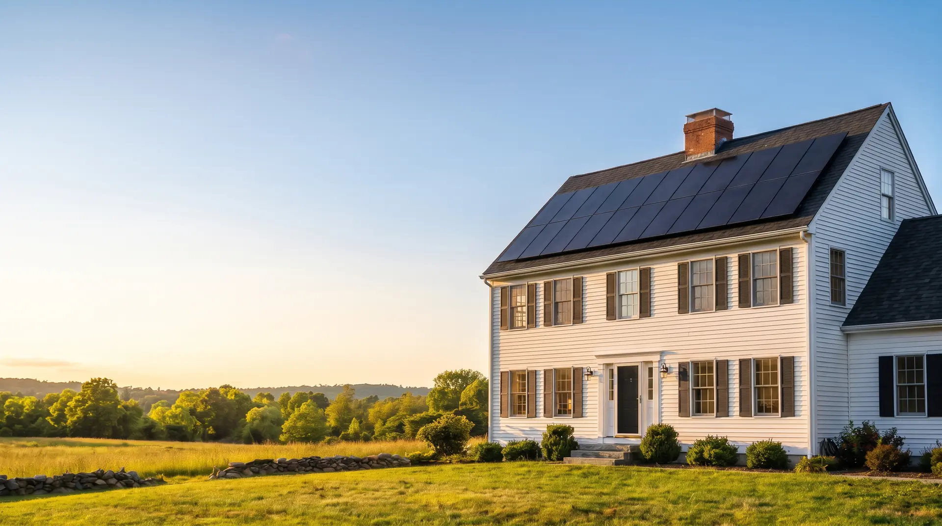 White two-story Connecticut colonial home with all-black rooftop solar panels under a clear blue sky on a sunny afternoon