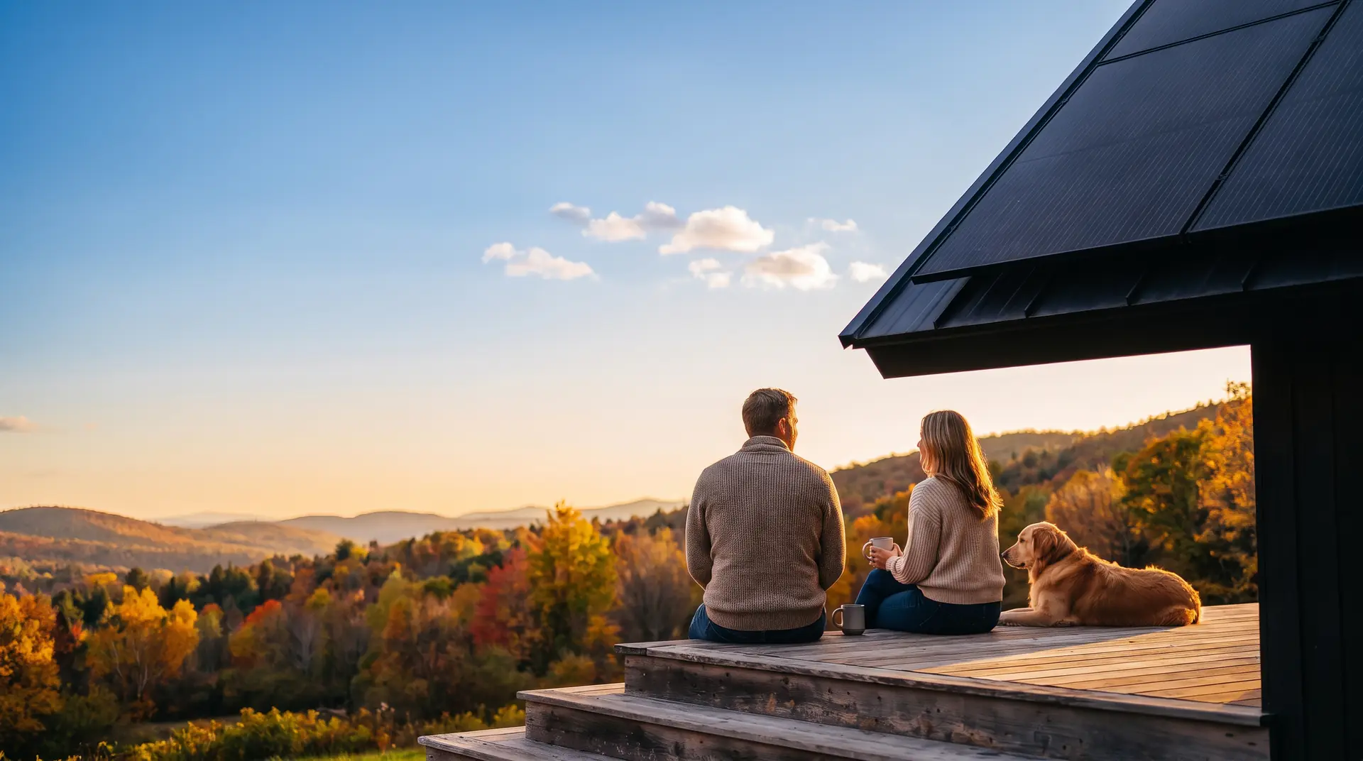 A couple and their golden retriever relax on their back deck under a roof with all-black solar panels, looking out over Connecticut's autumn hills on a sunny evening