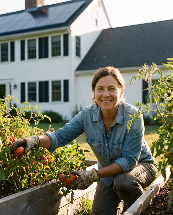 Smiling woman in gardening gloves picking ripe tomatoes from a raised bed in her backyard, with her white Connecticut colonial home and its rooftop solar panels behind her
